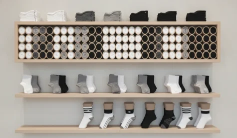 Best-selling socks display with neatly arranged ankle, crew,